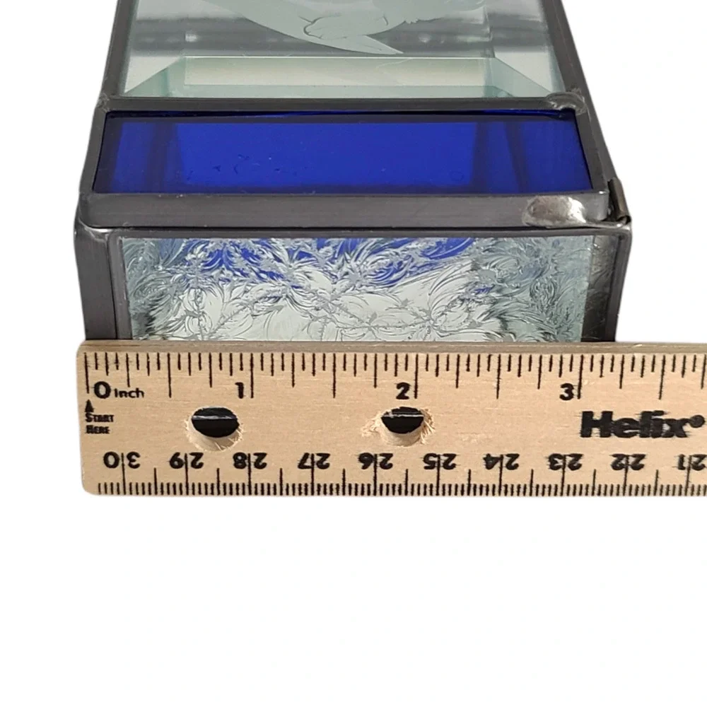 Vtg Trinket Jewelry Box Etched Iris Cobalt Blue Frosted Beveled Glass Mirrored